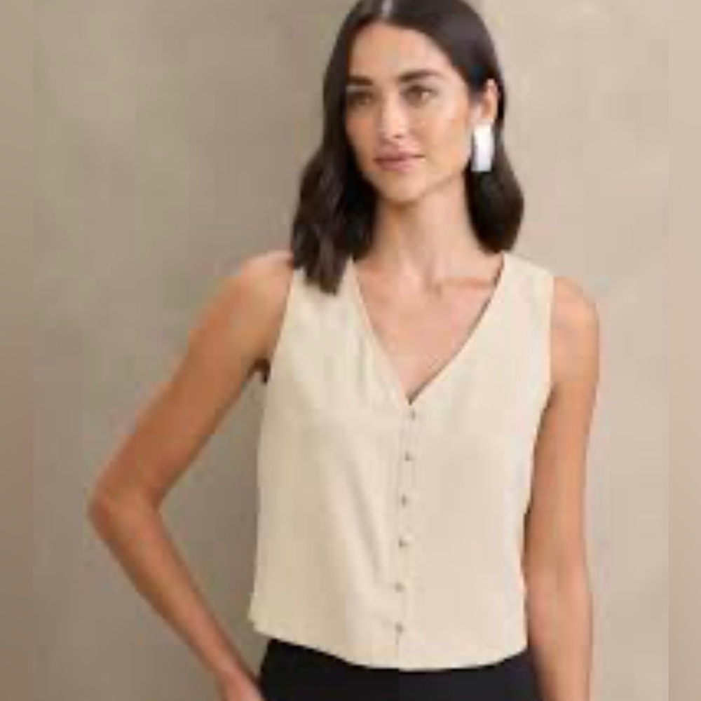 Eileen Fisher Bone Silk Georgette Crepe Sleeveless V-neck Button Vest Petite L